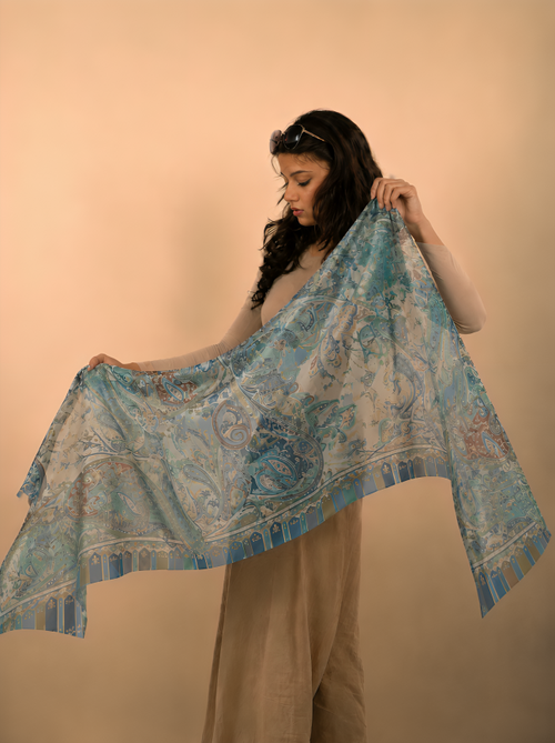 Blue Horizon, Cotton/Modal Stole- 28x80 Inches